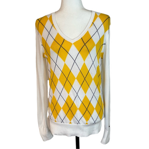 Tommy Hilfiger Argyle V-Neck Sweater in Yellow and White 100% Pima Cotton Small